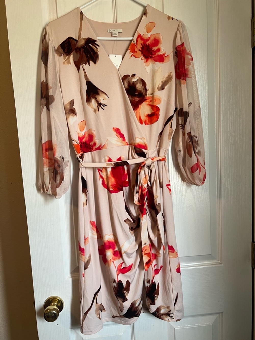 Floral Wrap Midi Dress - Blush with Red & Brown Bloom